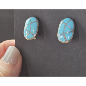 Zuni Inlaid Turquoise Clip On Earrings Sterling Native Signed K Vintage Jewelry